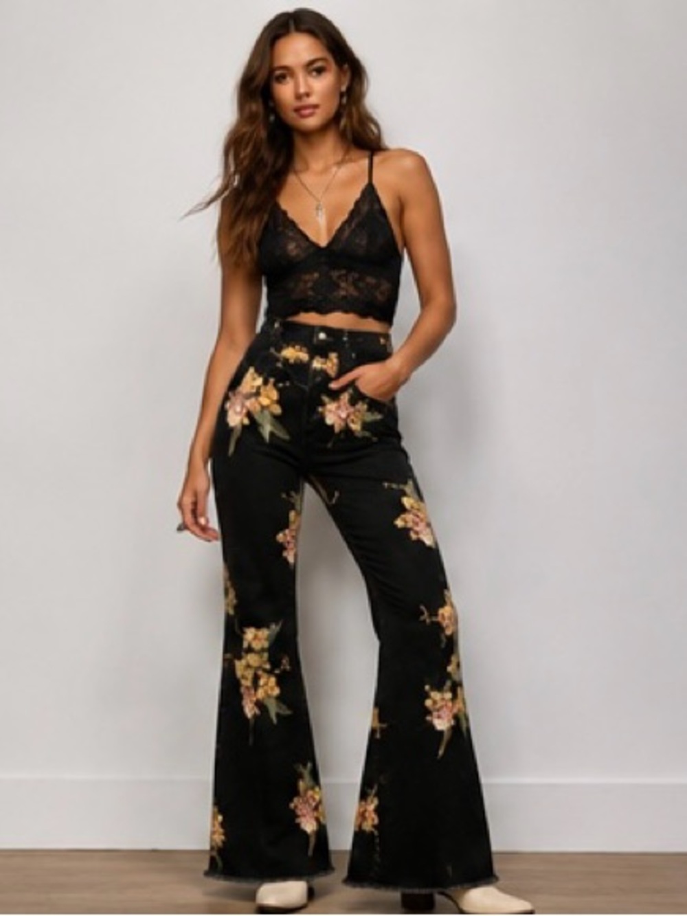 Free People Black Floral Boot-Cut Jumpsuit Pants